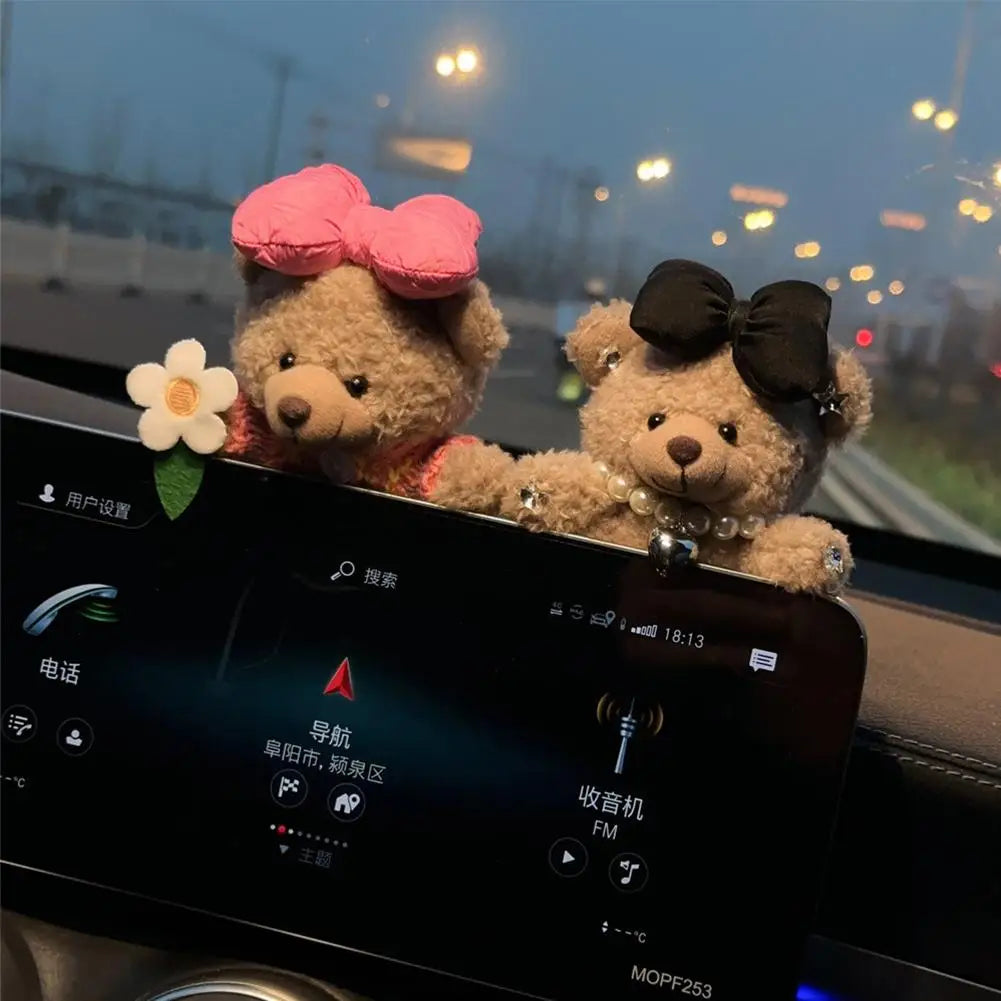 Car Decoration Interior Bear Screen Ornaments Plush Cartoon Cute Center Console Premium Automotive Accessory