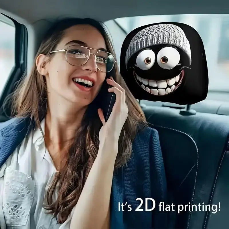 2 PCS Car Headrest Cover Grey Hat Cartoonish and Funny Smiling Face Printing