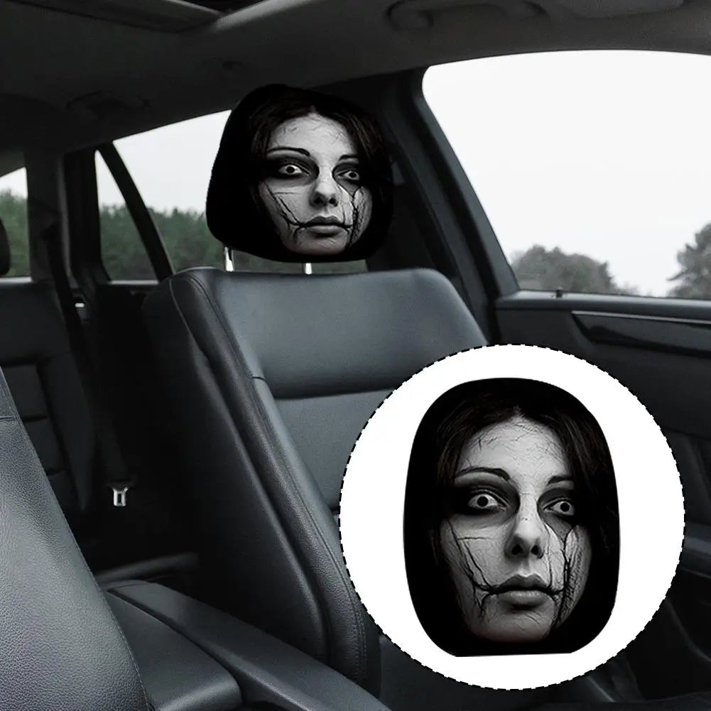 2pcs Horror Face Print Car Headrest Covers Elastic Fit Lightweight Washable