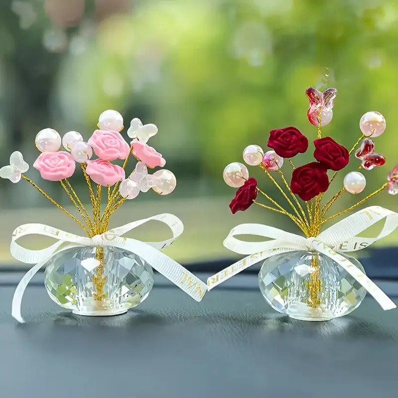 Crystal Glass Rose Dashboard Ornament Elegant Home,/Bedroom/Car Decor, Festive Premium Automotive Accessory