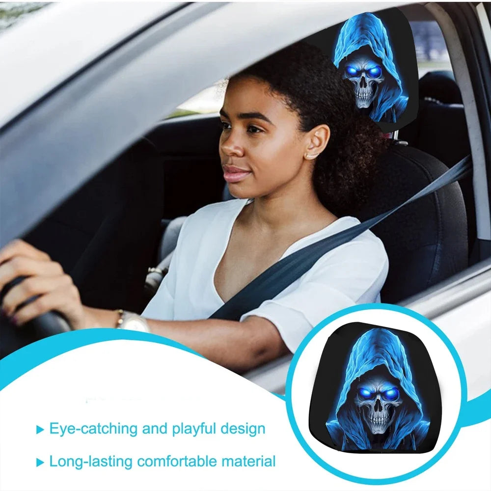 Blue Skull Pattern Car Headrest Cover Universal Protector Case Interior Auto