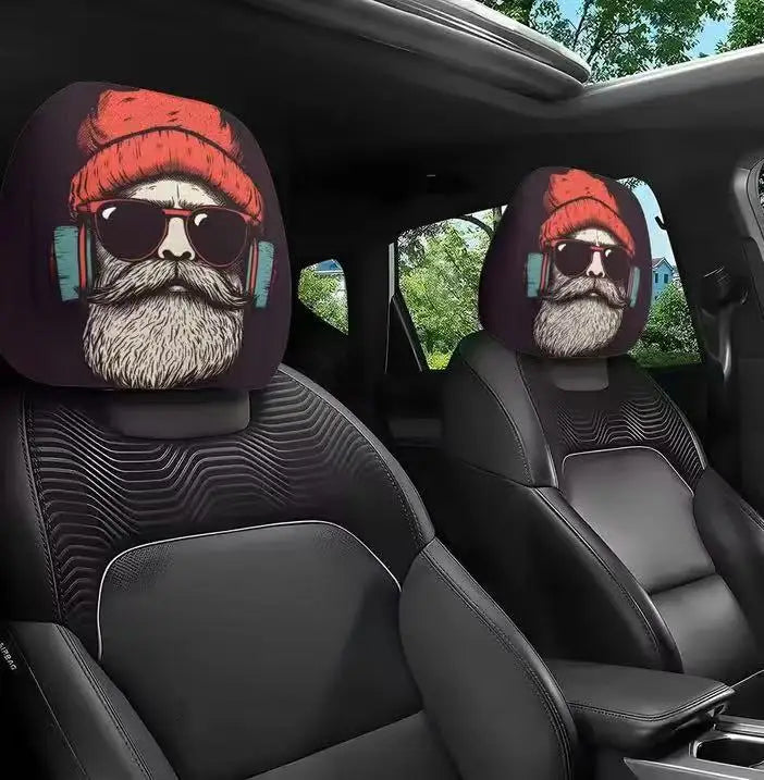 2pcs Horror-Themed Car Headrest Covers Black White Face Design Unfilled Interior