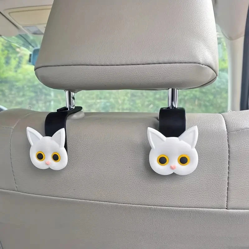 2pcs Adorable 3D Cartoon Cat Car Seat Headrest Hooks Universal Vehicle Storage