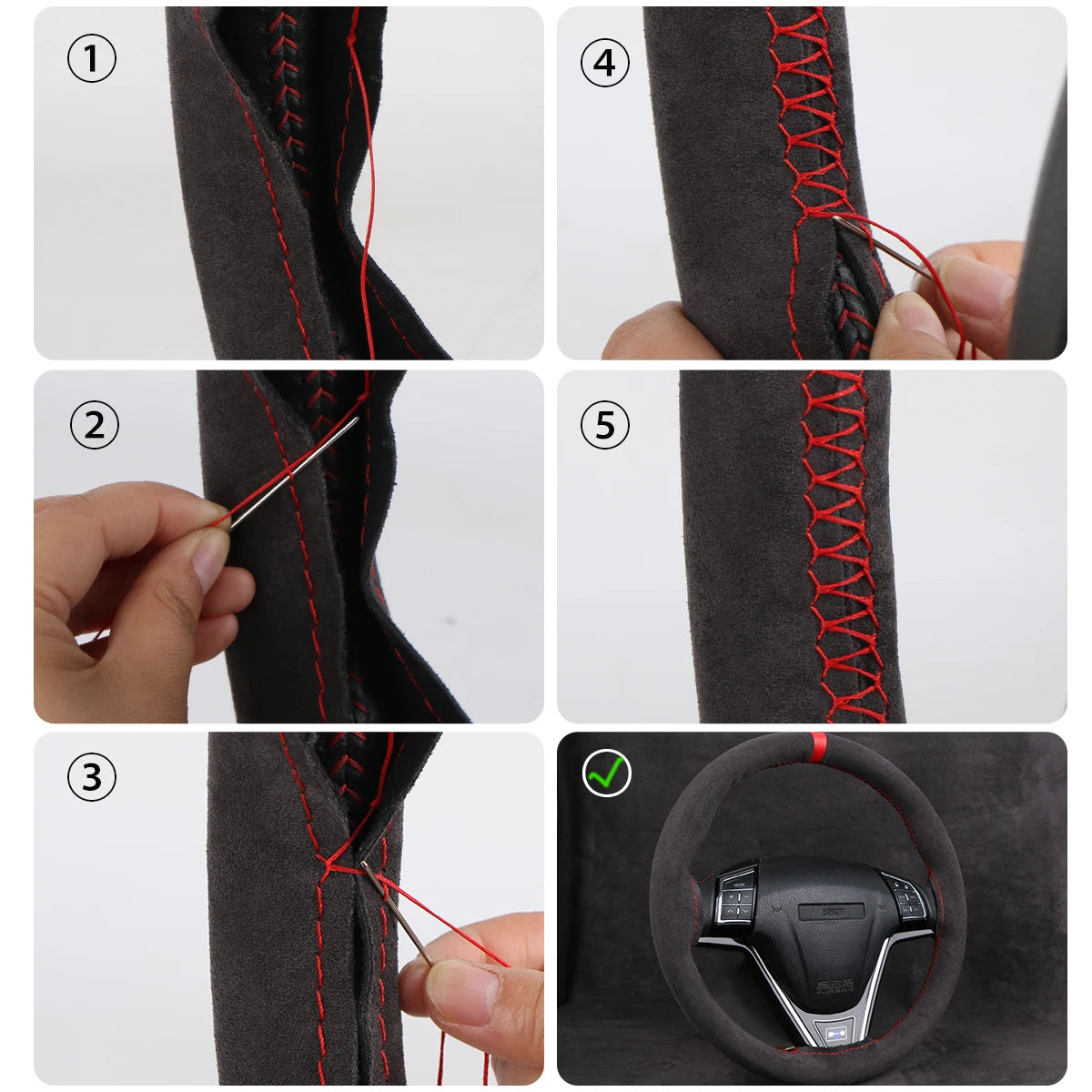 Universal Suede Car Steering Wheel Cover DIY Hand Sewing Soft Leather Braiding
