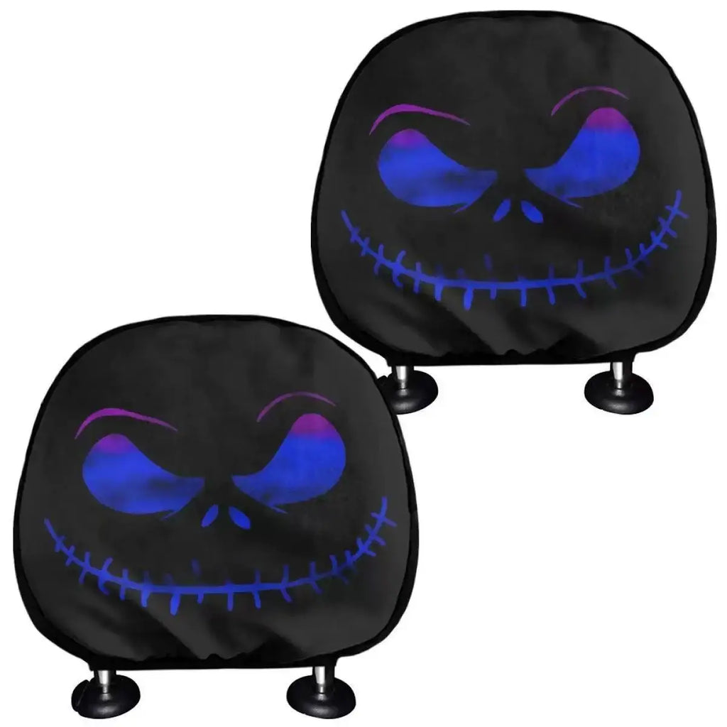 2pcs Horror-Themed Car Headrest Covers Black White Face Design Unfilled Interior