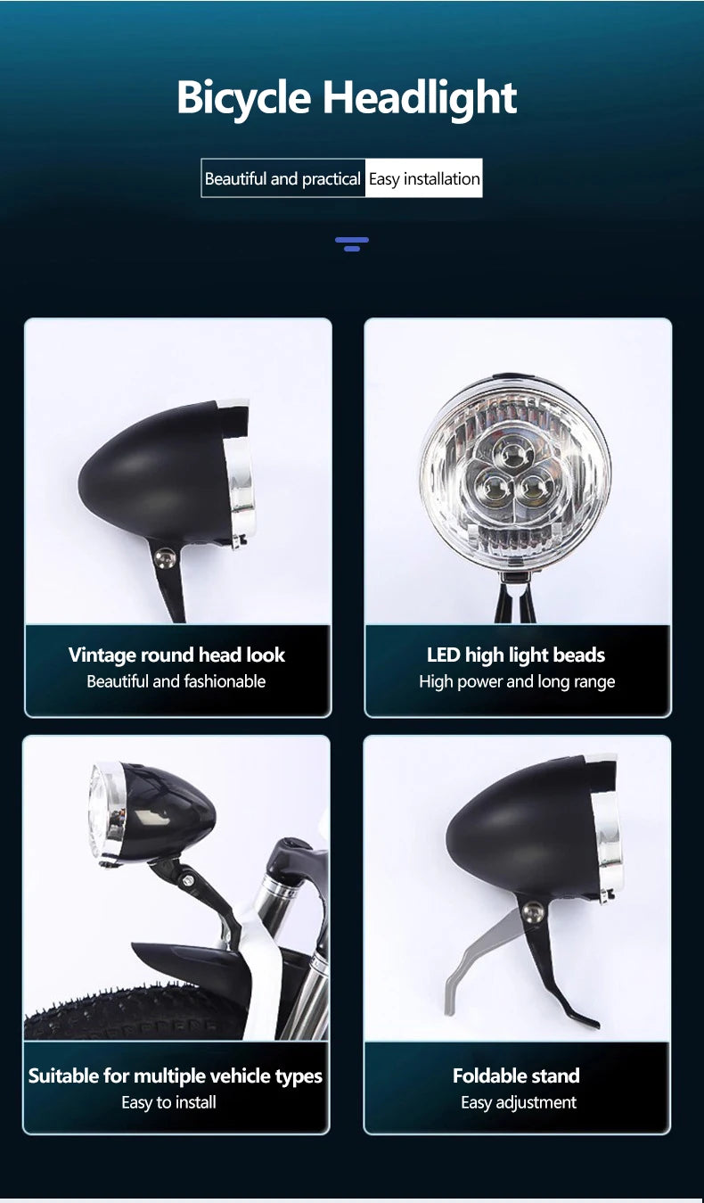 Vintage Bicycle Front Light 3 LED Bike Headlight MTB Flashlight Retro Design Cycling Head Lamp for Night Riding Black Silver