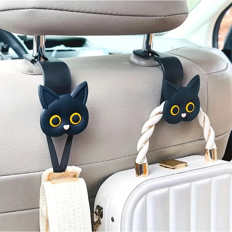 2pcs Adorable 3D Cartoon Cat Car Seat Headrest Hooks Universal Vehicle Storage