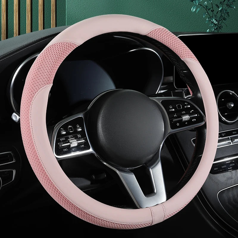 Car Steering Wheel Cover Premium Leather Stitched with Breathable Mesh Fabric