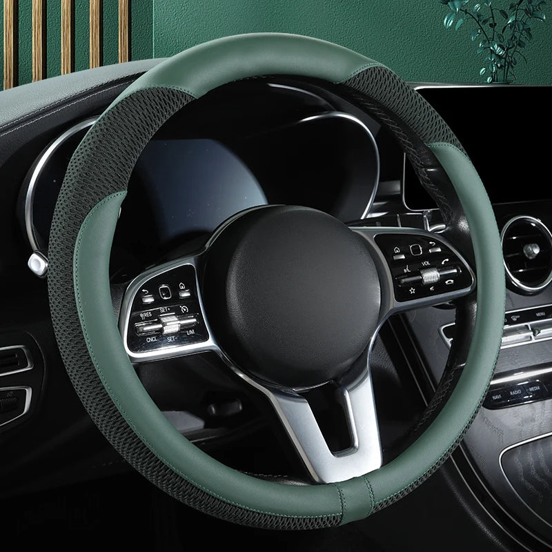 Car Steering Wheel Cover Premium Leather Stitched with Breathable Mesh Fabric