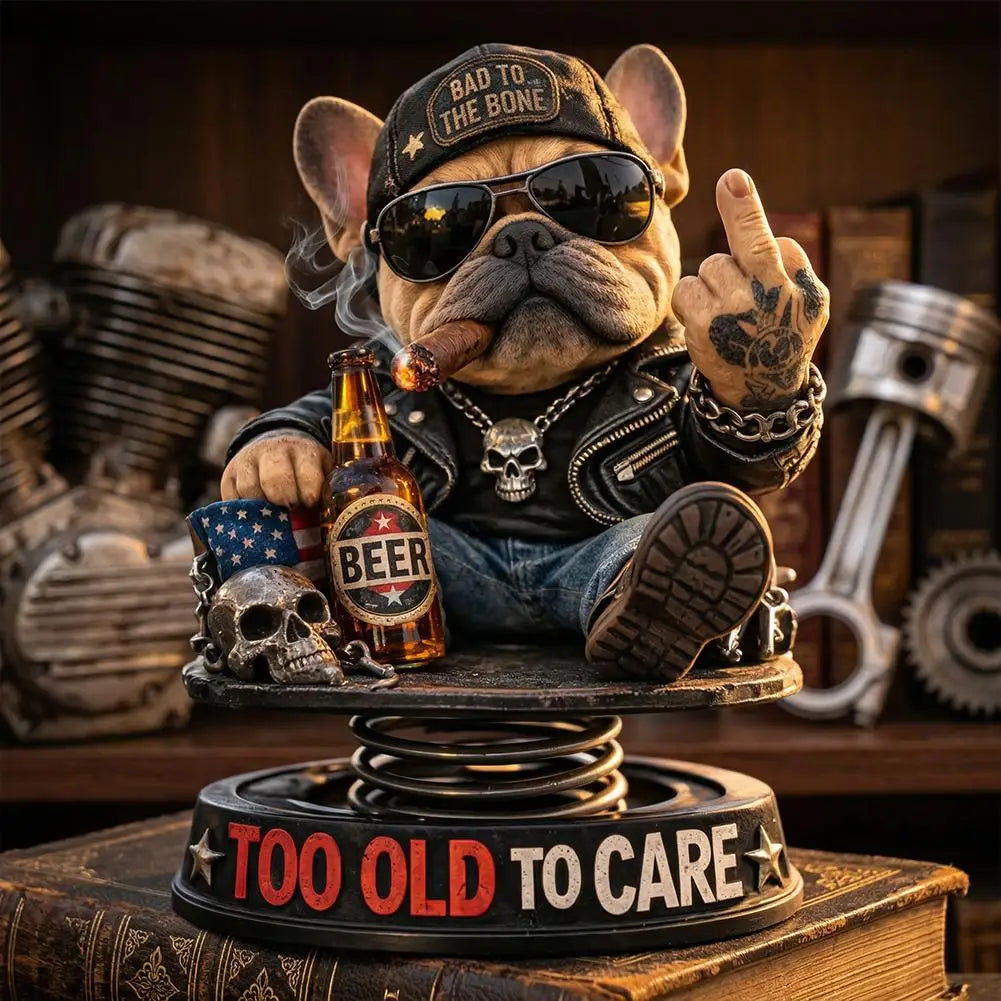 Biker Bulldog Dashboard Ornament Spring Shaking Design 105cm Tall Cold Cast Premium Automotive Accessory