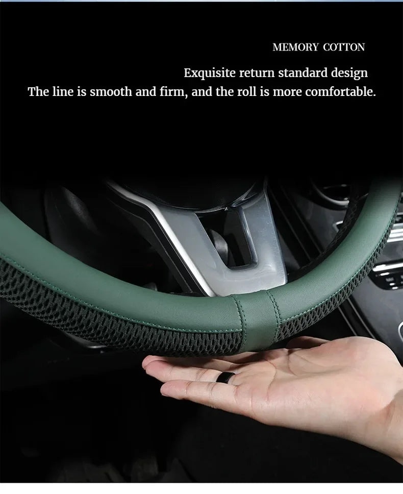 Car Steering Wheel Cover Premium Leather Stitched with Breathable Mesh Fabric