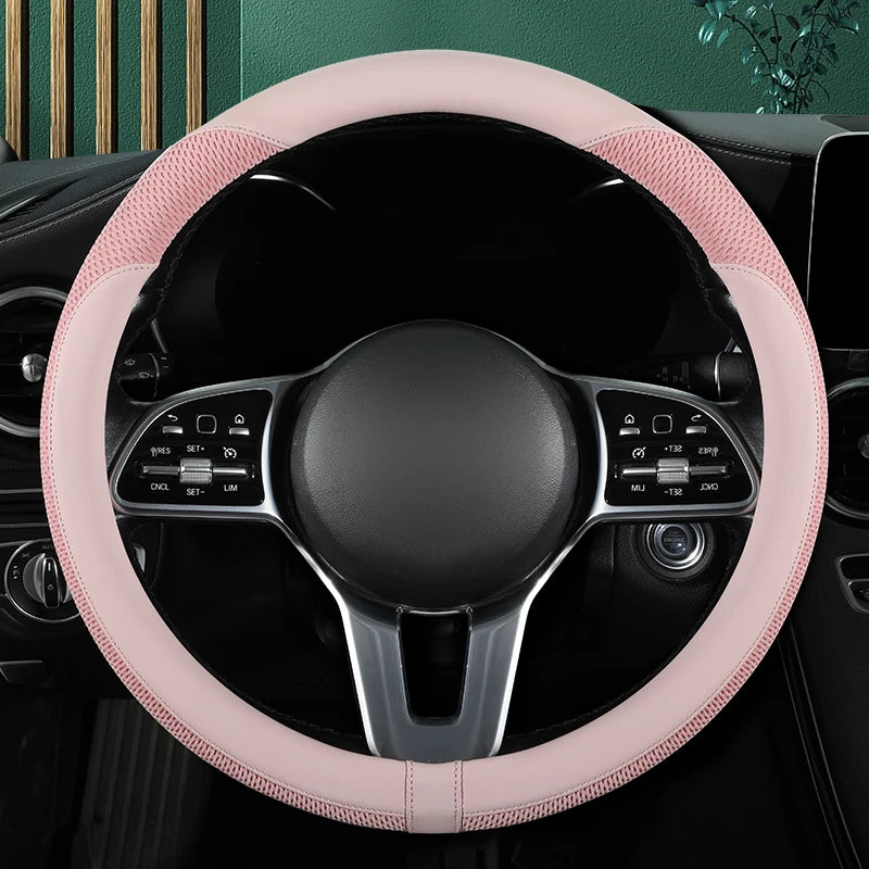 Car Steering Wheel Cover Premium Leather Stitched with Breathable Mesh Fabric