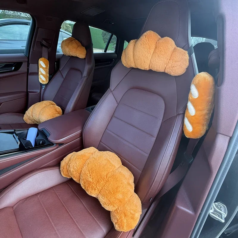 Cute Croissant Car Headrest Neck Pillow Plush Bread Seat Belt Cover Head