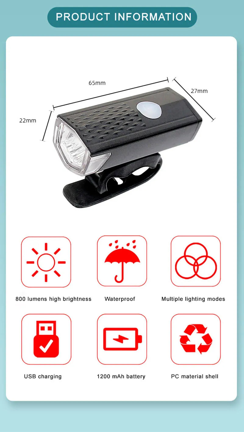 Bike Light Set Front Light with Taillight LED Rechargeable Bicycle Lights 3 Modes Headlight Easy to Install Night Cycling Lamp