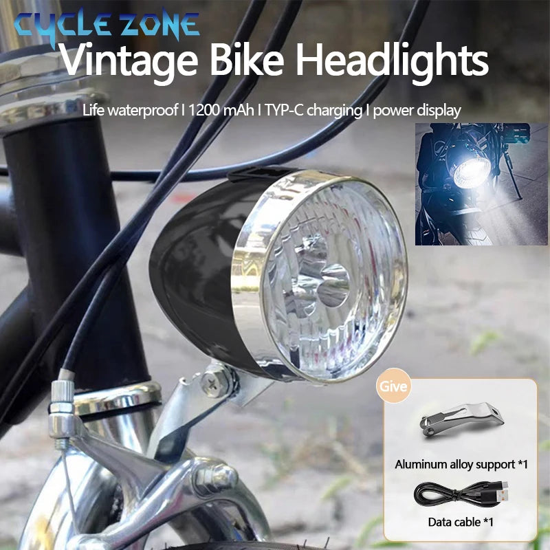 Retro Bike Headlight Type-C Rechargeable Classic Mountain Bicycle Front Light 3 LED MTB Road Bike Headlamp Cycling Accessories