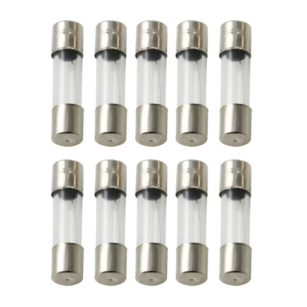 Set of 10 glass automotive fuses with metal casings Cartridge Fuse on a white background