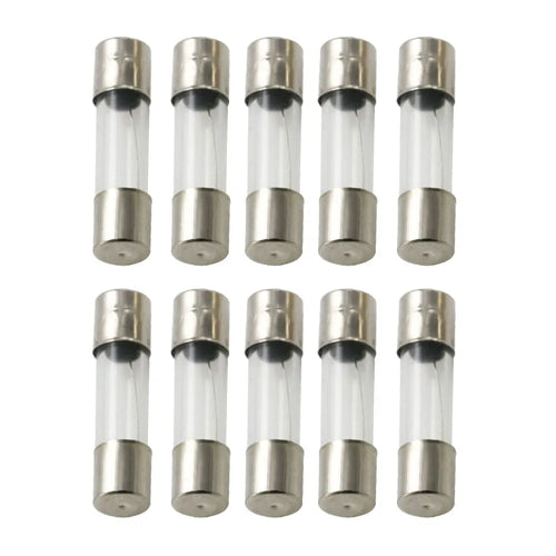 Set of 10 glass automotive fuses with metal casings Cartridge Fuse on a white background