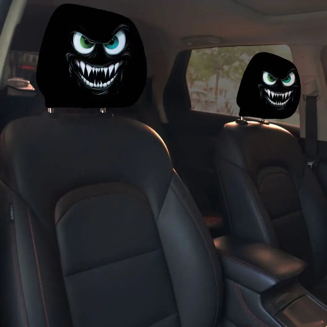 2pcs Horror-Themed Car Headrest Covers Black White Face Design Unfilled Interior