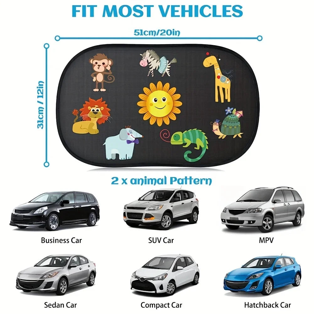 2-Piece Cartoon Animal Car Sun Shade – 20×12 in, UV-Resistant Black PVC with 8