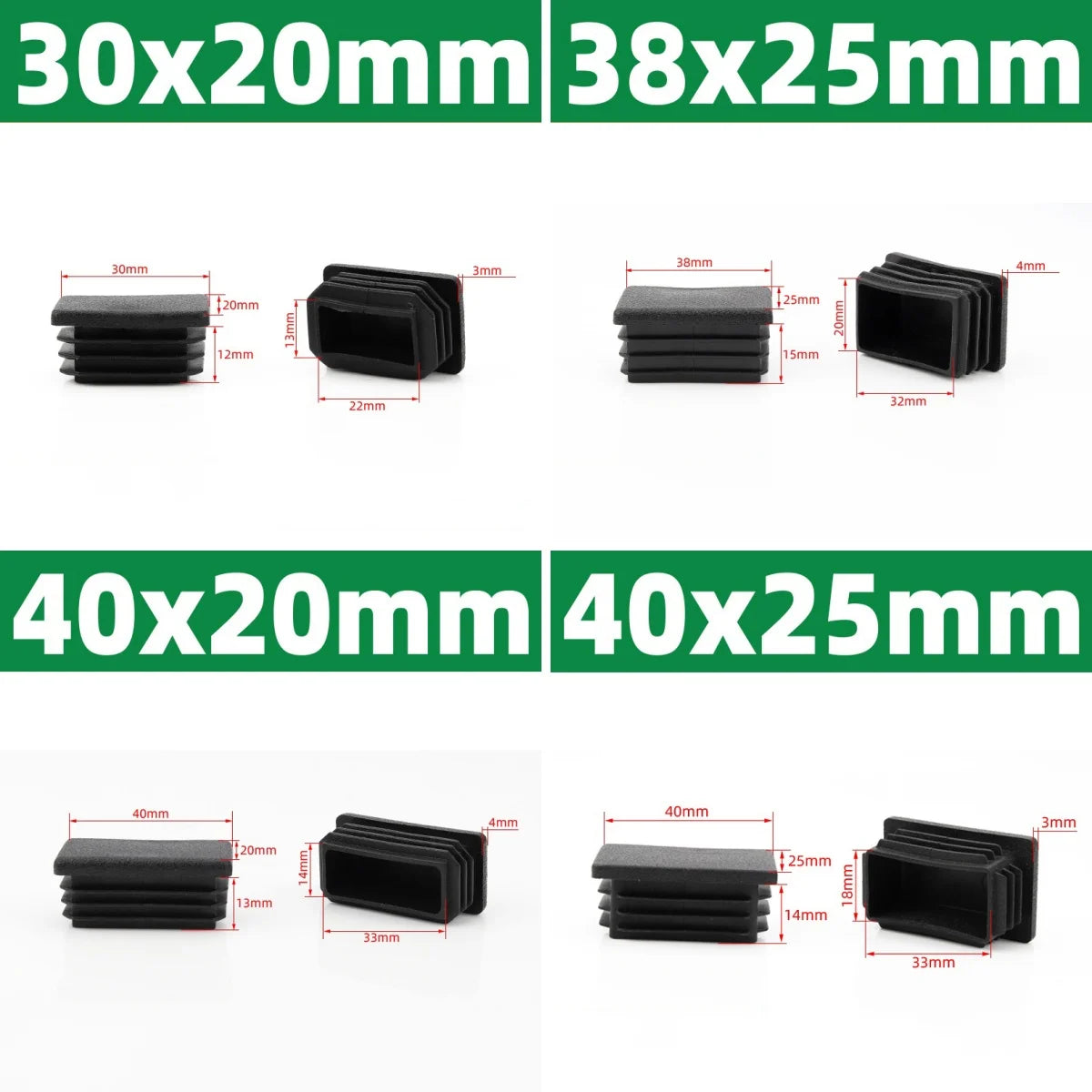Black Square Oblong Plastic Pipe Plug Stopple Dust Plug Protective Cover Non-slip Mat Head End Cap Door Mat 16x16mm~80x40mm