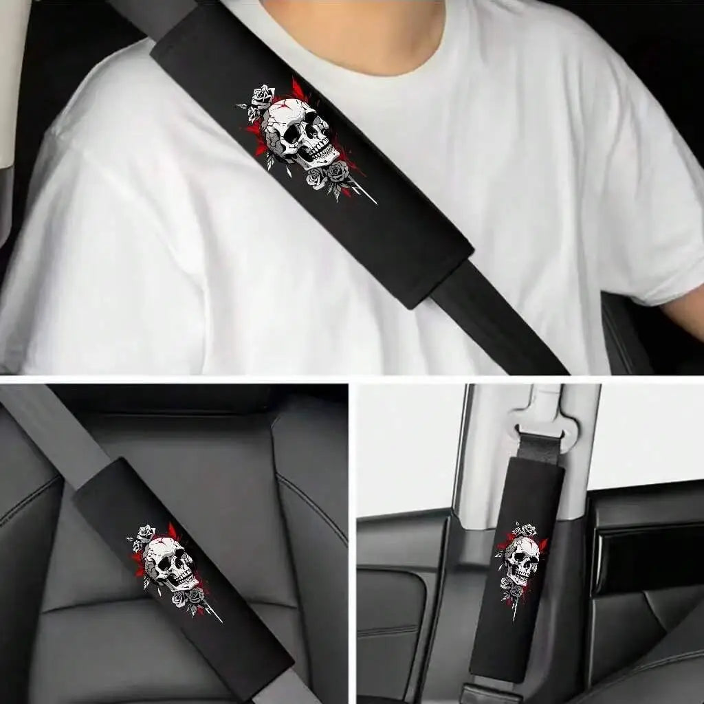 Lot of 2 Skull Pattern Car Shoulder Protection Belt Safety Protective Cover Stra