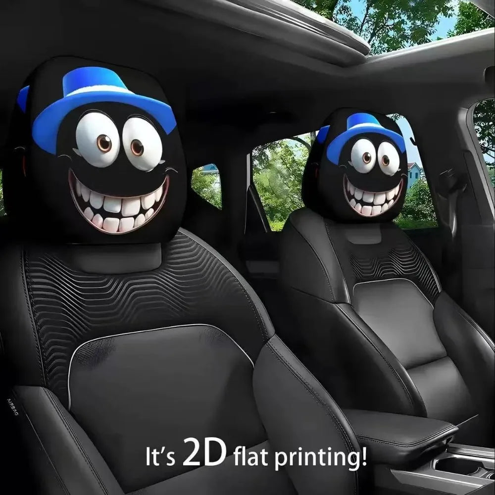 2pcs Horror-Themed Car Headrest Covers Black White Face Design Unfilled Interior
