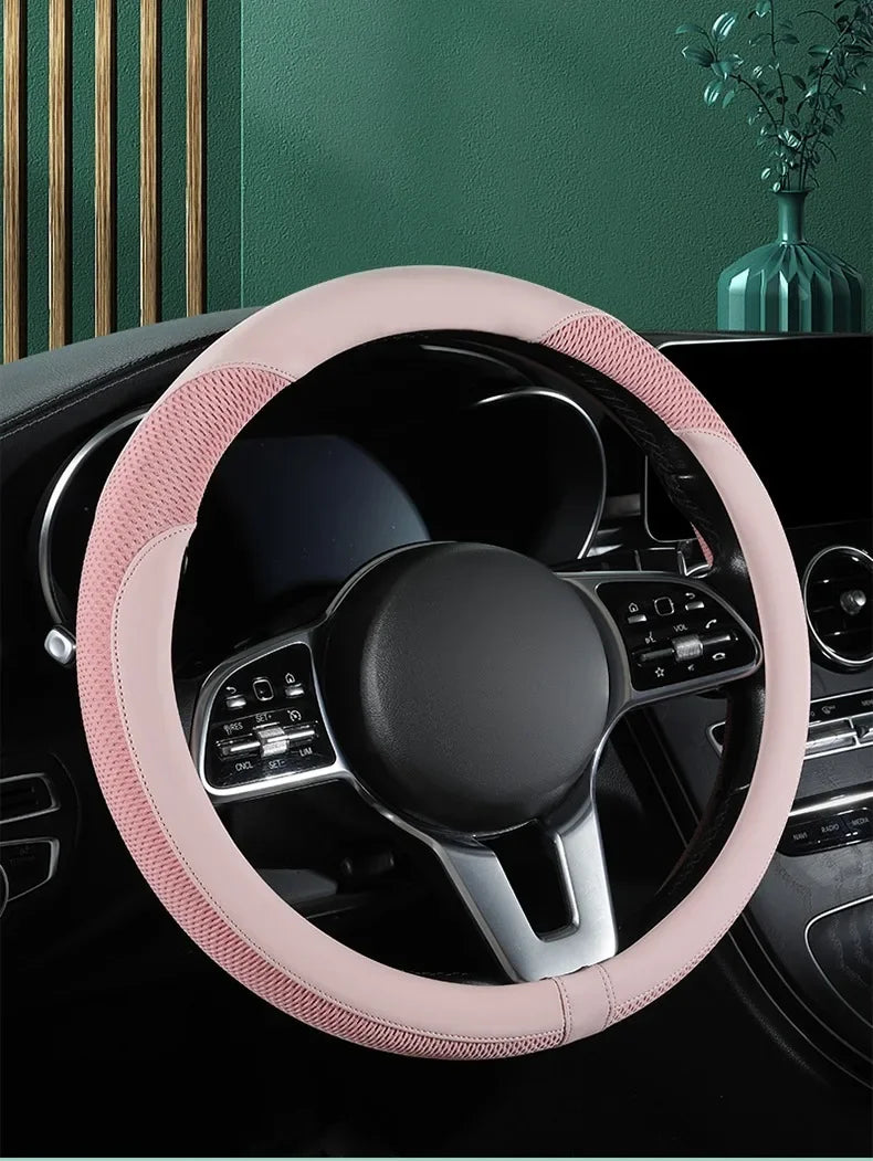 Car Steering Wheel Cover Premium Leather Stitched with Breathable Mesh Fabric