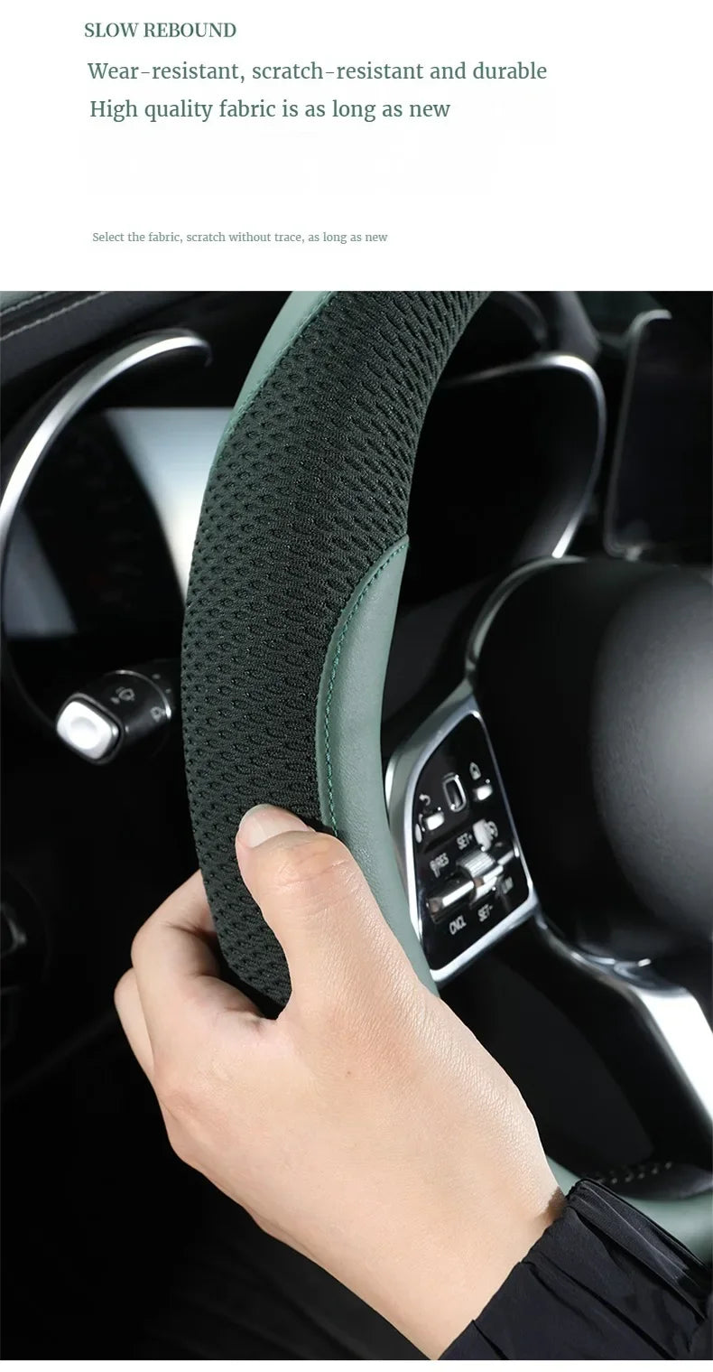 Car Steering Wheel Cover Premium Leather Stitched with Breathable Mesh Fabric