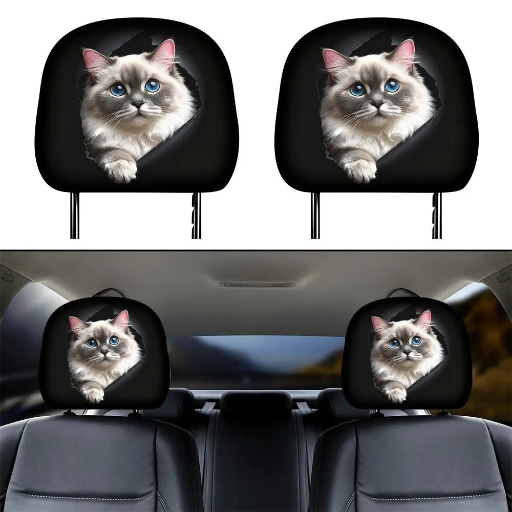 Cute Ragdoll Cat Covers 2 pcs Print Headrest Interior Protector Auto Vehicle