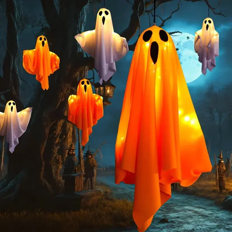 Halloween Glowing White Ghost LED Hanging Ghosts Horror Props with Fairy Light Indoor Outdoor Haunted House Halloween Decoration
