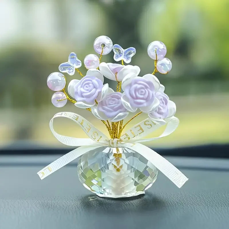 Crystal Glass Rose Dashboard Ornament Elegant Home,/Bedroom/Car Decor, Festive Premium Automotive Accessory