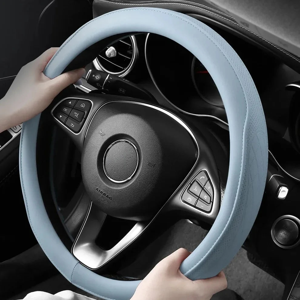 Embossed PU Leather Patchwork Car Steering Wheel Cover, Non-slip, Breathable
