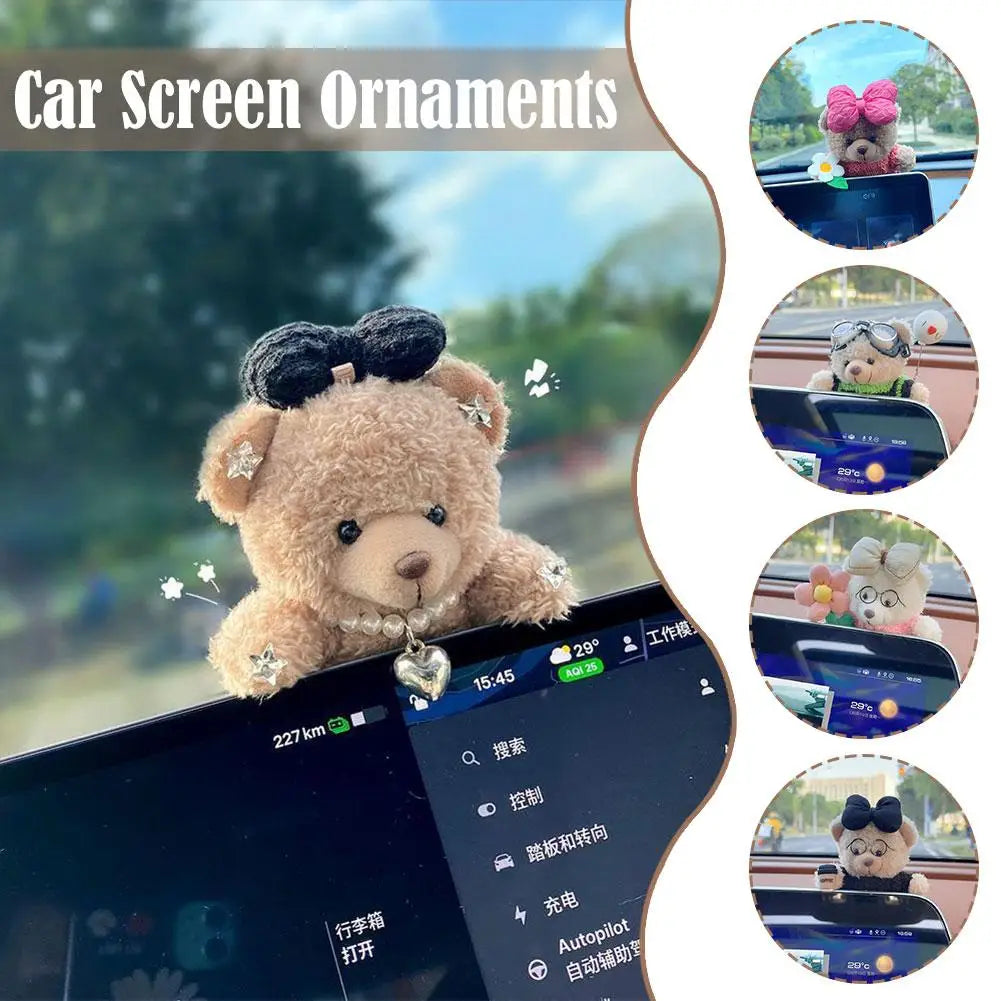 Car Decoration Interior Bear Screen Ornaments Plush Cartoon Cute Center Console Premium Automotive Accessory