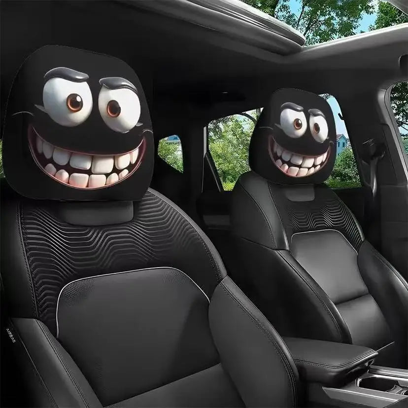 2pcs Horror-Themed Car Headrest Covers Black White Face Design Unfilled Interior