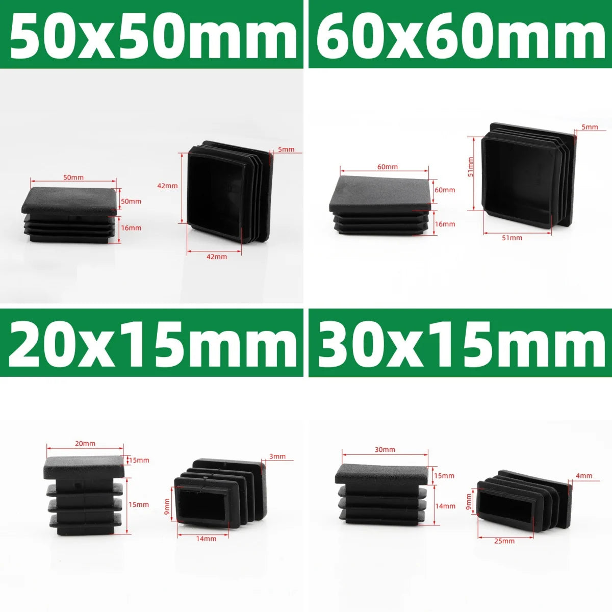 Black Square Oblong Plastic Pipe Plug Stopple Dust Plug Protective Cover Non-slip Mat Head End Cap Door Mat 16x16mm~80x40mm