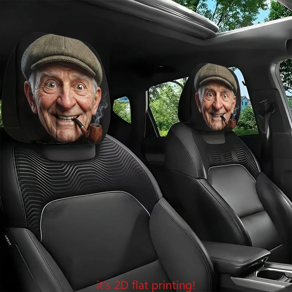 Set of 2 Headrest Covers Featuring a Humorous Old Man Design with Hat Interior