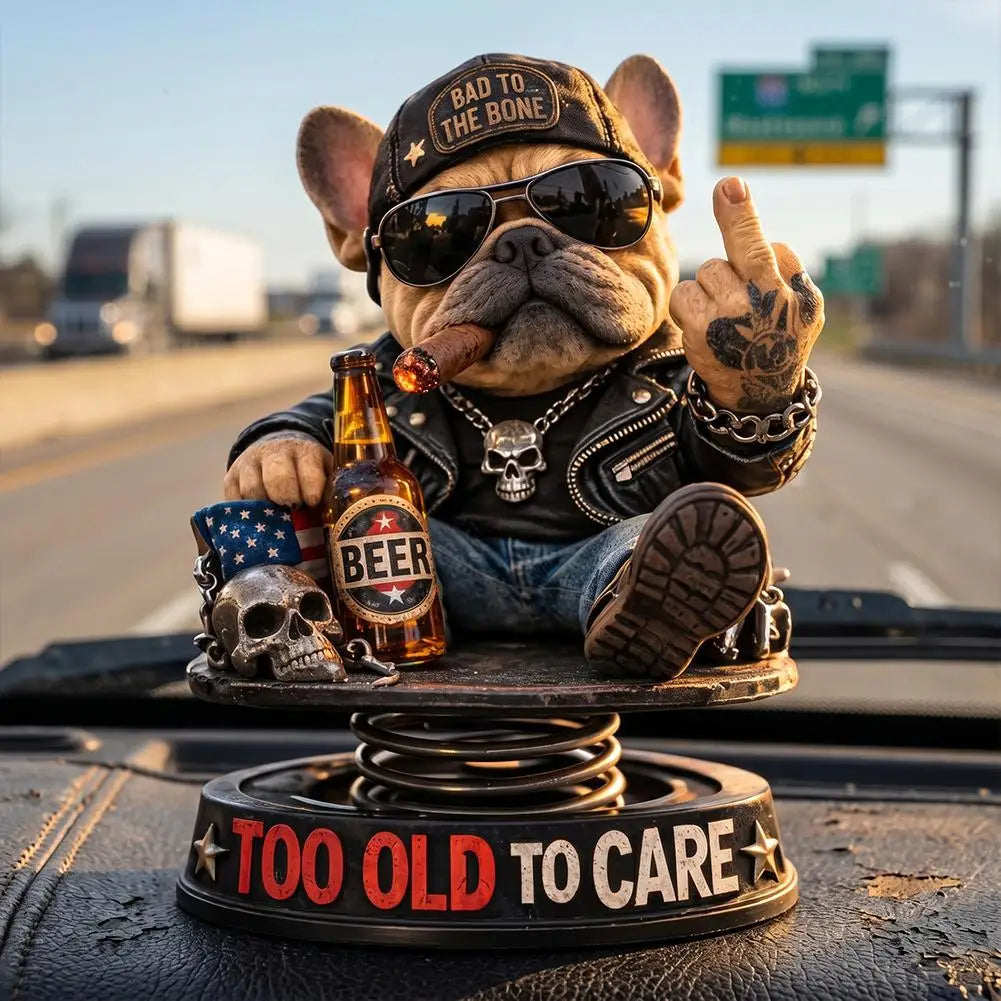Biker Bulldog Dashboard Ornament Spring Shaking Design 105cm Tall Cold Cast Premium Automotive Accessory