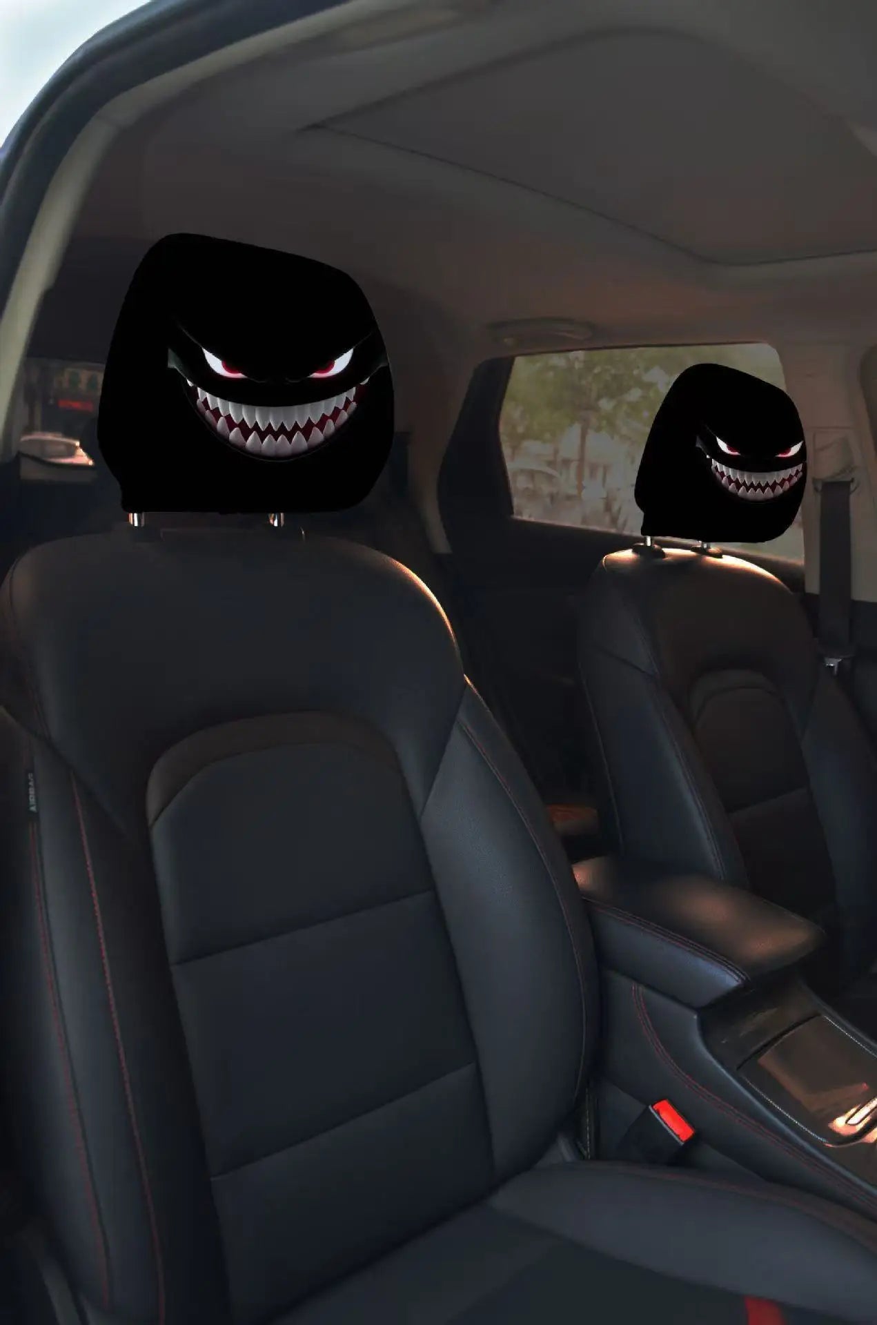 2pcs Horror-Themed Car Headrest Covers Black White Face Design Unfilled Interior