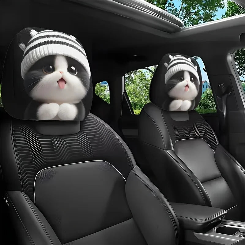 2 pcs Cute Striped Knitted Kitty Cat Car Headrest Covers Polyester Universal
