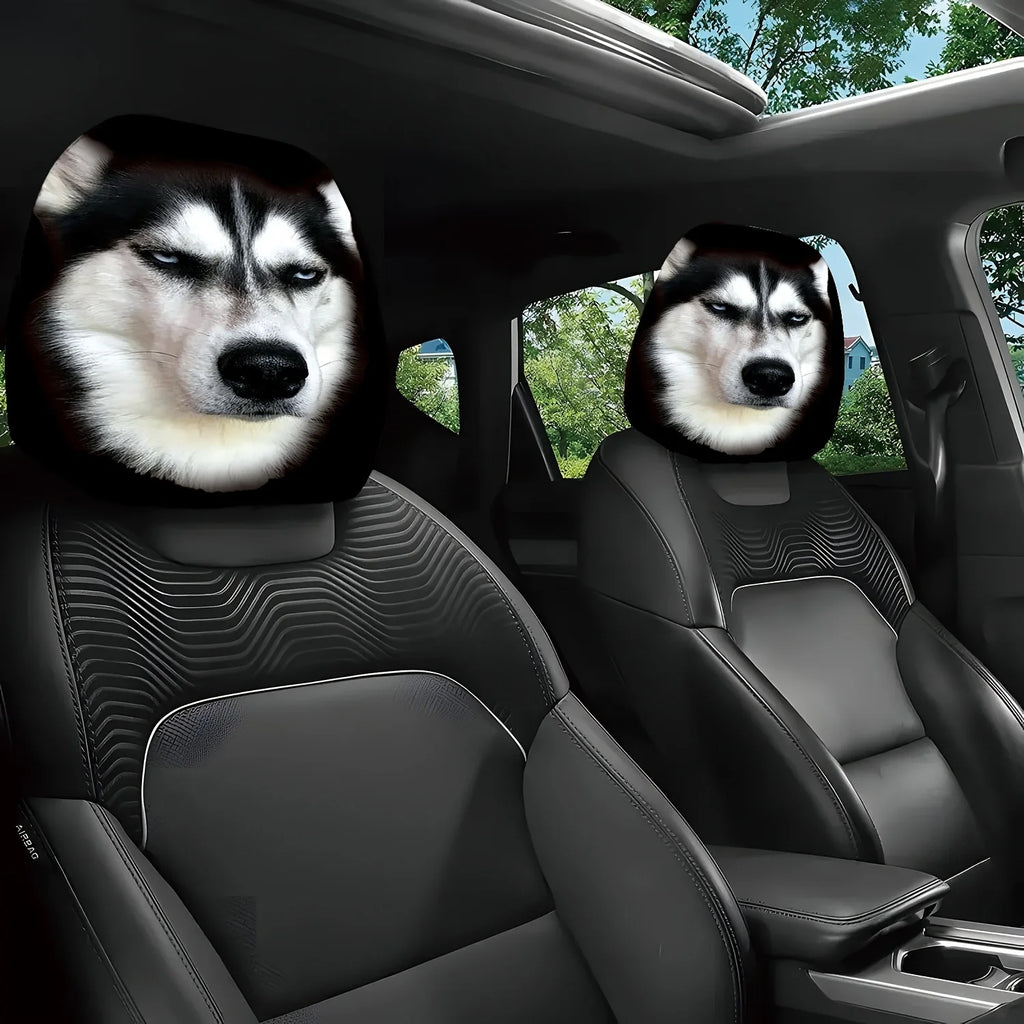 2 pcs Printed Car Headrest Covers Wolf Husky Dog Elastic Washable Interior Prote