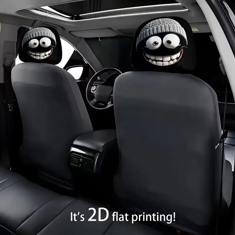 2 PCS Car Headrest Cover Grey Hat Cartoonish and Funny Smiling Face Printing