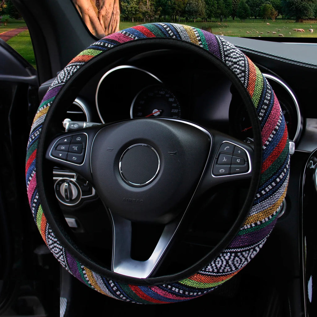 Steering Wheel Cover Breathable Cotton-Like Fabric Rimless Car Decoration