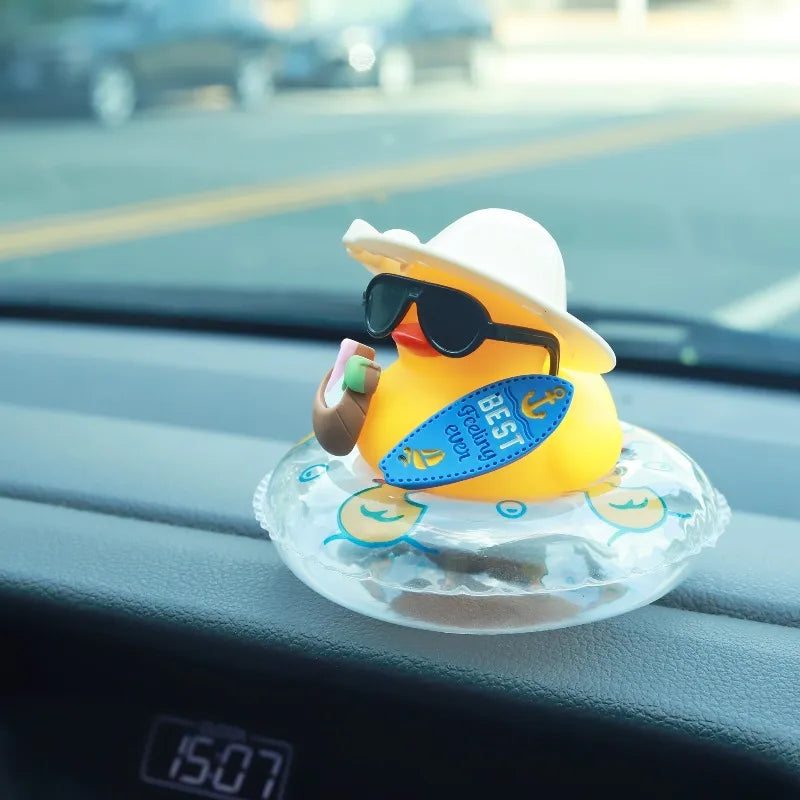 Cool Summer Duck Car Dashboard Decor, Rubber with Swim Ring & Sunglasses, Cute Premium Automotive Accessory