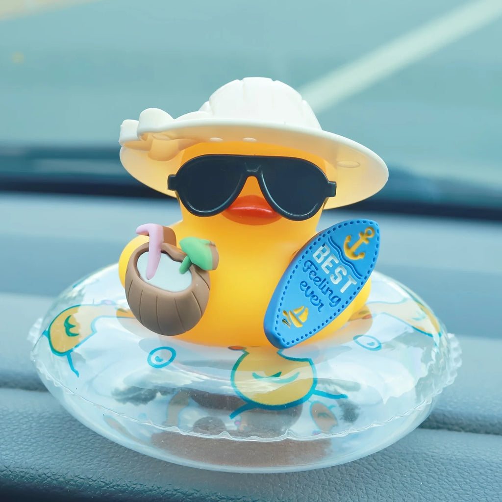 Cool Summer Duck Car Dashboard Decor, Rubber with Swim Ring & Sunglasses, Cute Premium Automotive Accessory