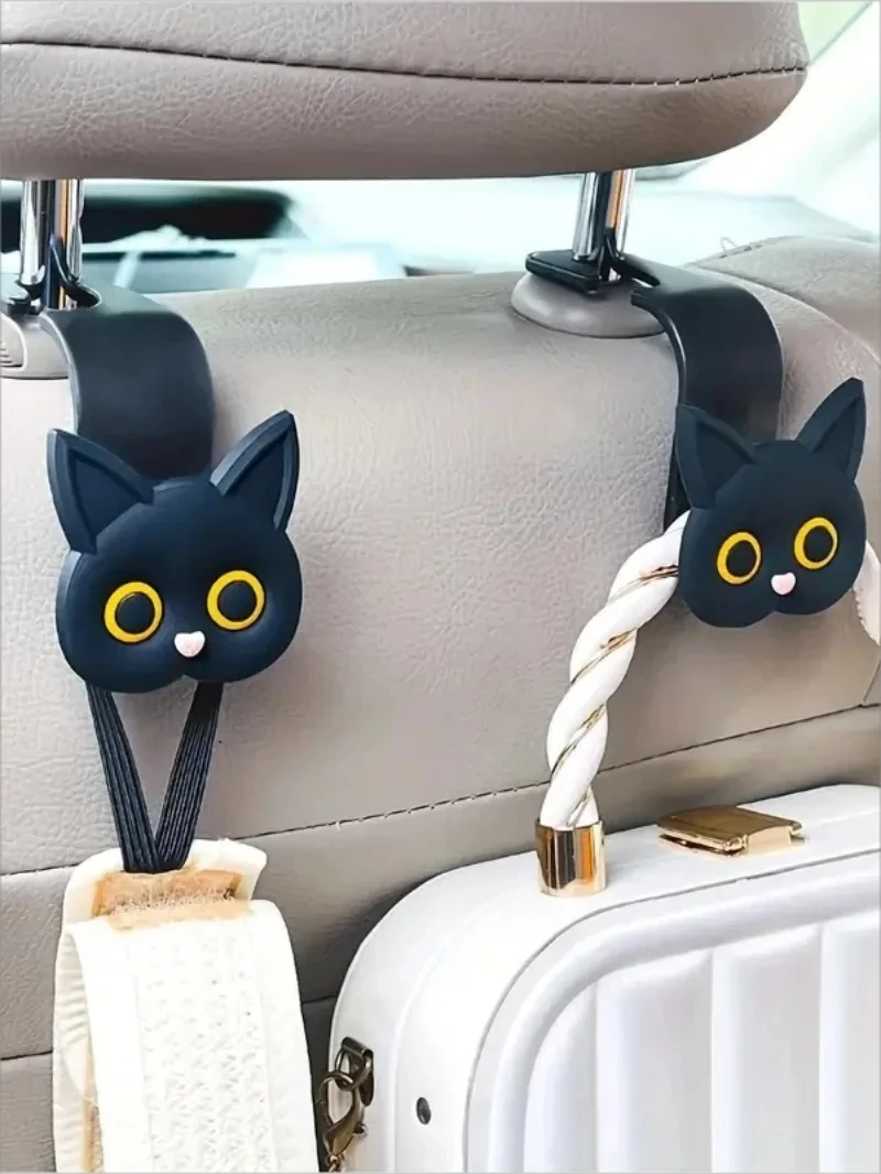 2pcs Adorable 3D Cartoon Cat Car Seat Headrest Hooks Universal Vehicle Storage