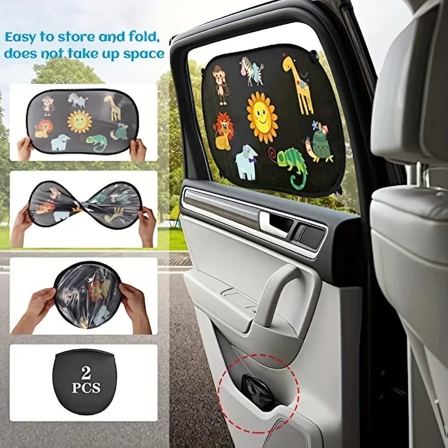 2-Piece Cartoon Animal Car Sun Shade – 20×12 in, UV-Resistant Black PVC with 8