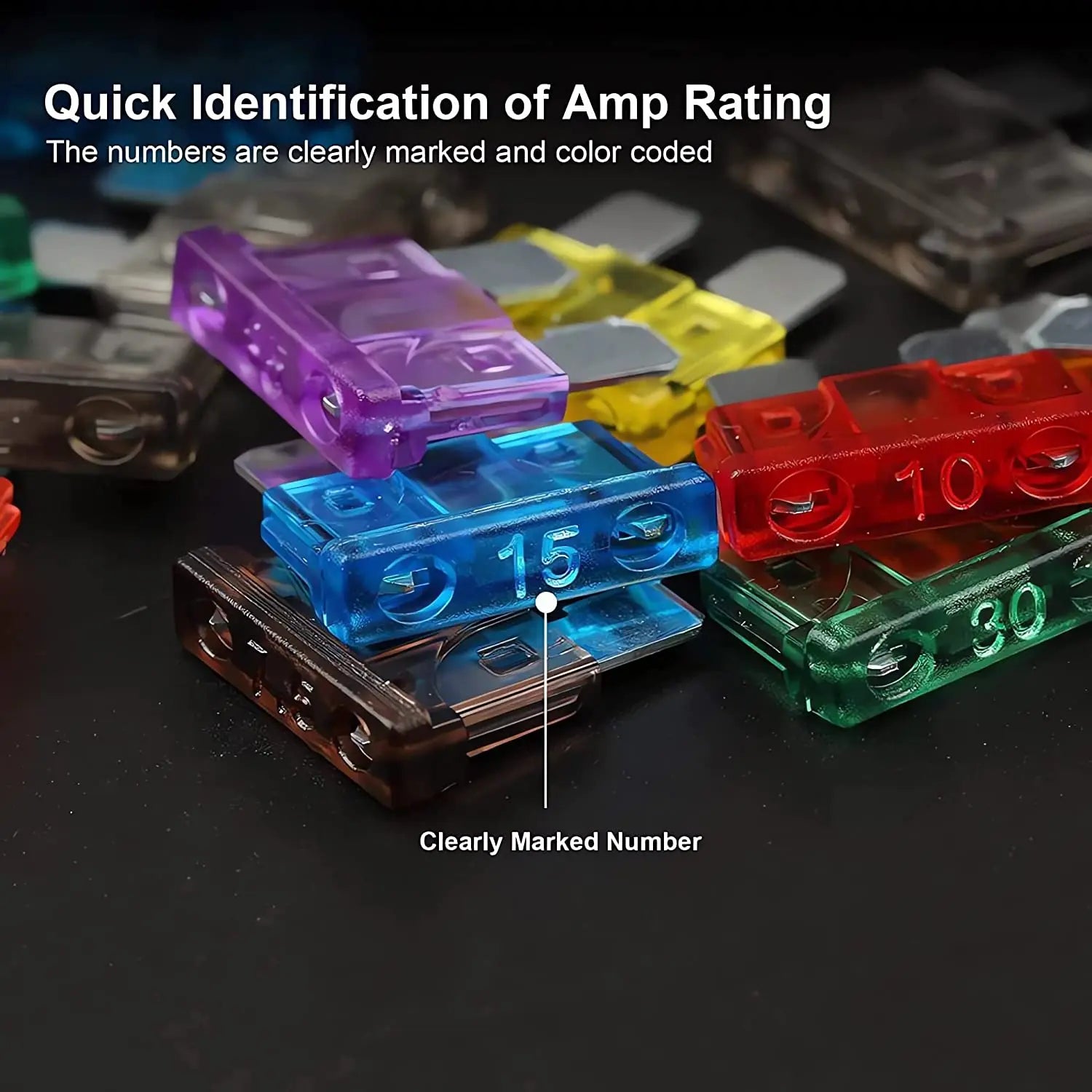 Assorted colored plug in fuses in a clear plastic case with visible fuse ratings. RH100 Multicolored 2a 3a 5a 7.5a 10a 15a 20a 25a 30a 35 amp