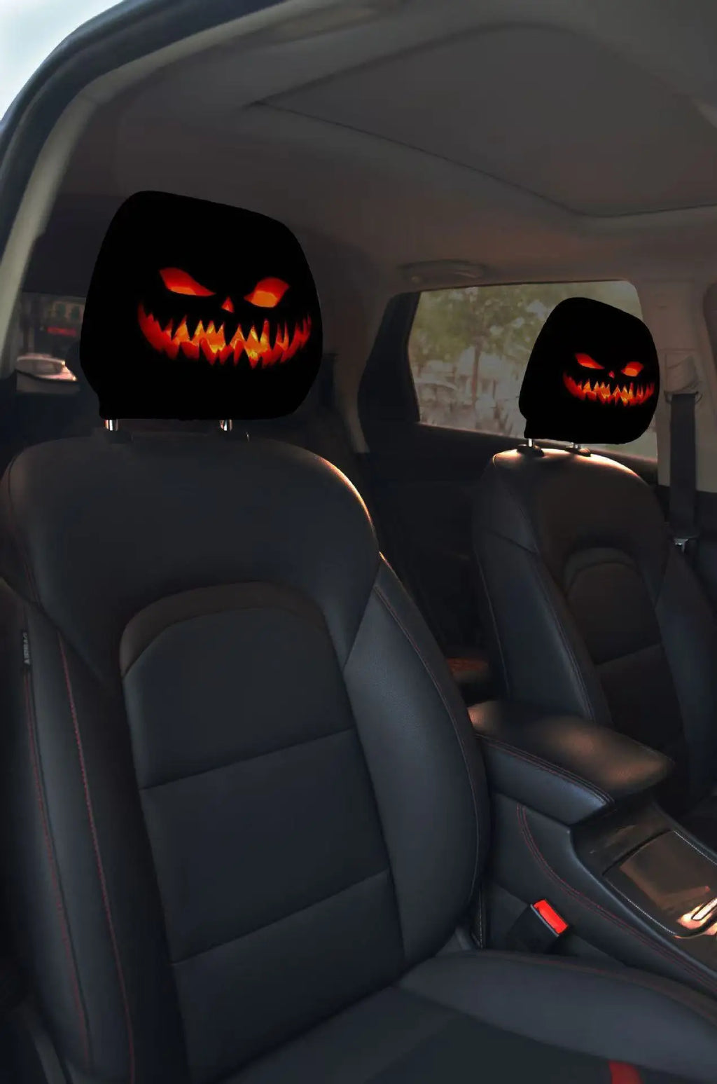 2pcs Horror-Themed Car Headrest Covers Black White Face Design Unfilled Interior