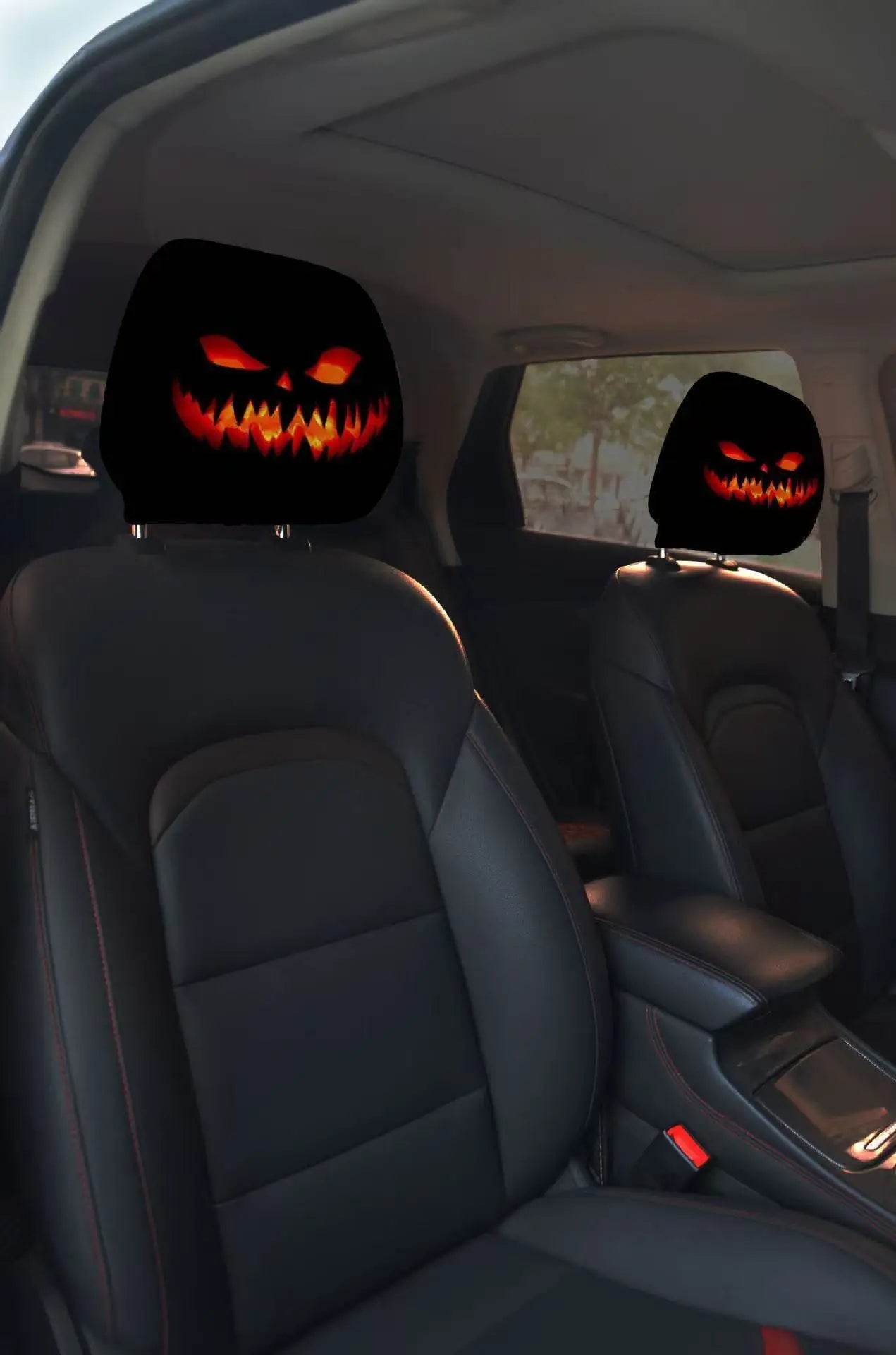 2pcs Horror-Themed Car Headrest Covers Black White Face Design Unfilled Interior