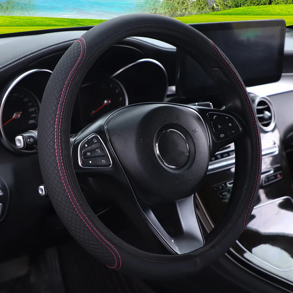 1pc Steering Wheel Cover Breathable Leather Anti Slip PU Leather Steering Covers